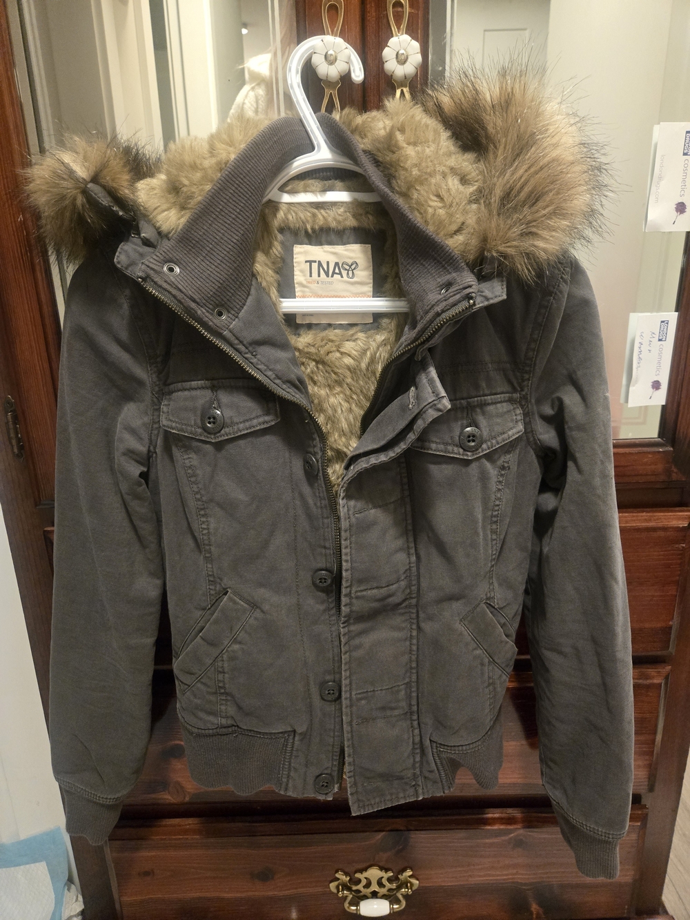 TNA Grey Faux-Fur Hooded Utility Jacket